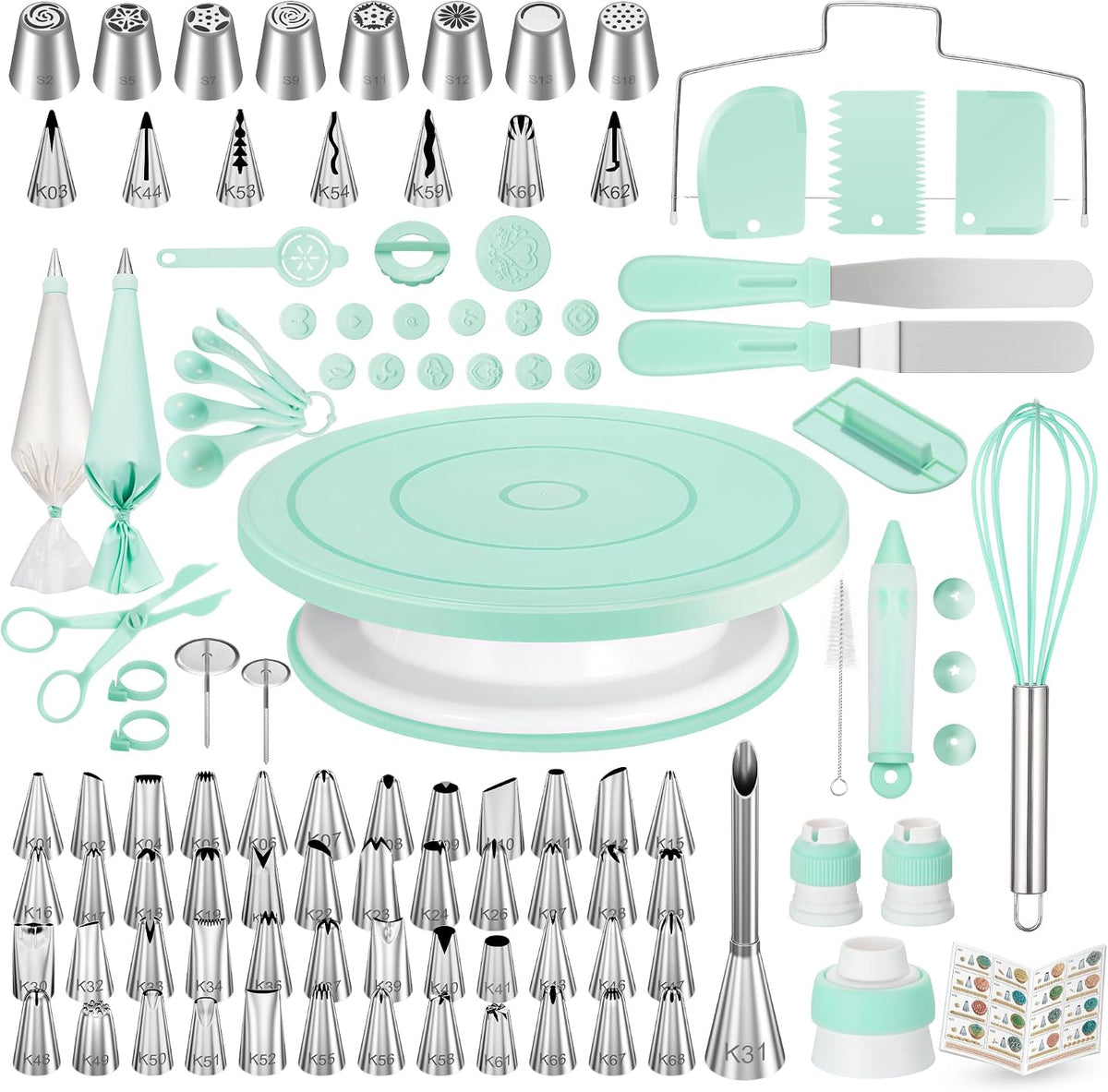 158 Cake Decorating Kit Baking Supplies Tools for Beginners & Pros Cake Stand Turntable, Icing Piping Tips, Disposable Reusable Pastry Bag, Spatulas, Video Tutorial, Pattern Chart